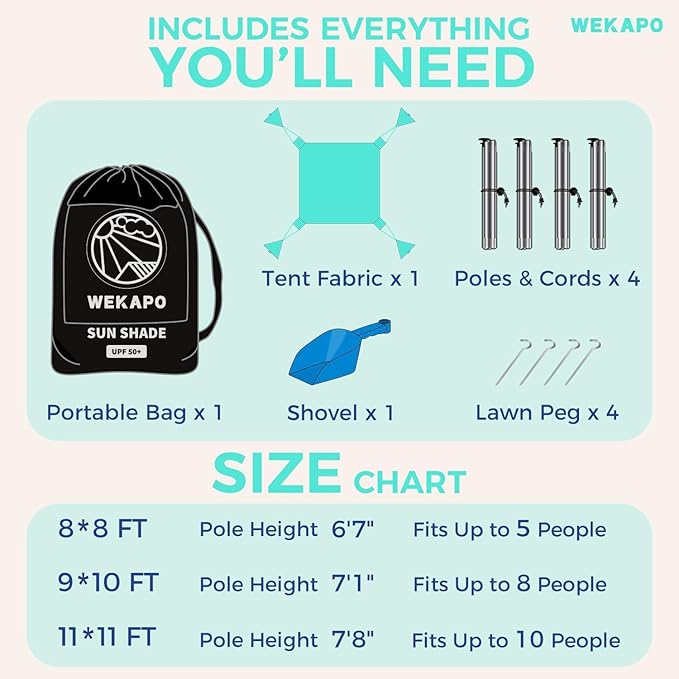 WEKAPO Beach Tent Sun Shelter - Easy Setup Beach Canopy with 4 Sturdy Poles, Large Sandbags and Shovel, 7'1'' Tall, Windproof Sun Shade for Backyard and Camping, UPF 50+ Protection