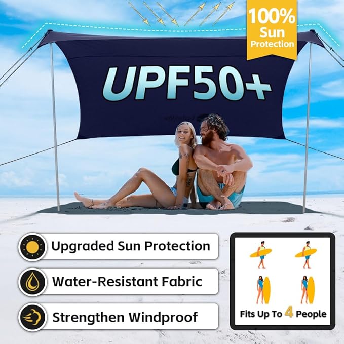 Beach Shade Tent, Portable Easy Pop Up Beach Canopy, UPF50+ Sun Protection Shelter, Windproof & Water Resistant, Perfect for Family