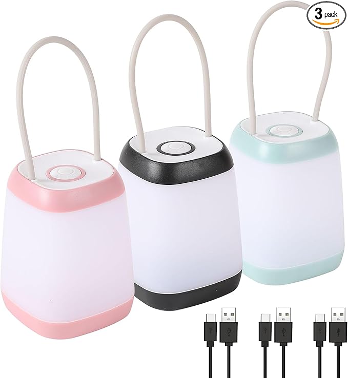 3 Pack LED Camping Light, 3 Light Modes Rechargeable Battery Powered Night Light for Indoor and Outdoor Emergency Light, Tent Lantern, Camping (Pink, Black, Green)