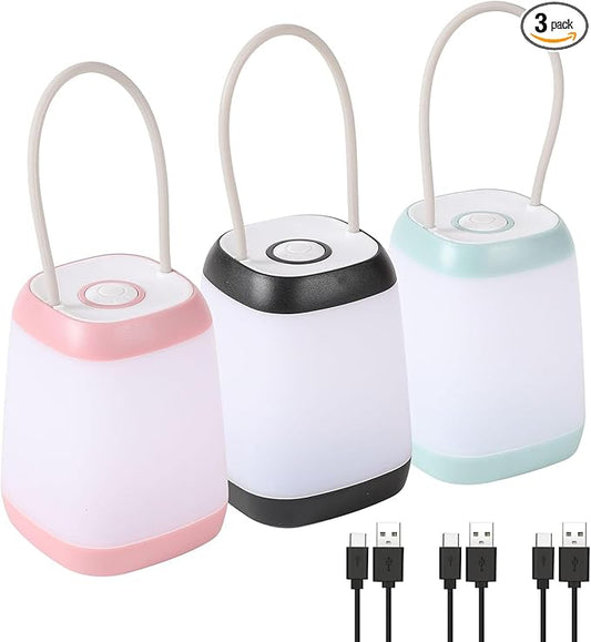 3 Pack LED Camping Light, 3 Light Modes Rechargeable Battery Powered Night Light for Indoor and Outdoor Emergency Light, Tent Lantern, Camping (Pink, Black, Green)