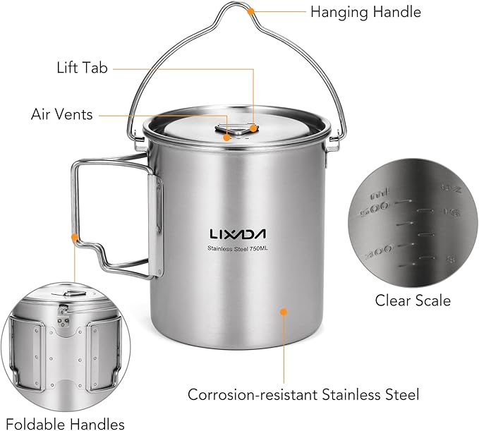 Lixada 750ml Camping Cup Pot Cup Stainless Steel Water Cup Mug with Foldable Spoon for Outdoor Camping Hiking Backpacking