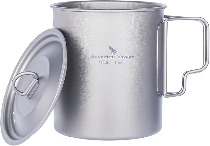iBasingo 750ml Titanium Pot Camping Mug with Lid Tea Outdoor Ultra-light Coffee Water Cup Portable Hiking Backpacking Cooking Kit Picnic Cooking Kit with Foldable Handle Ti3037D
