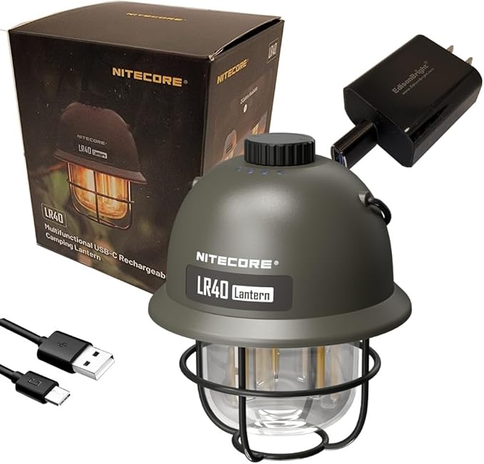 Nitecore LR40 Retro Style Rechargeable Multi Purpose LED Camping Lantern (Green Exterior) with EdisonBright Power Adapter Bundle