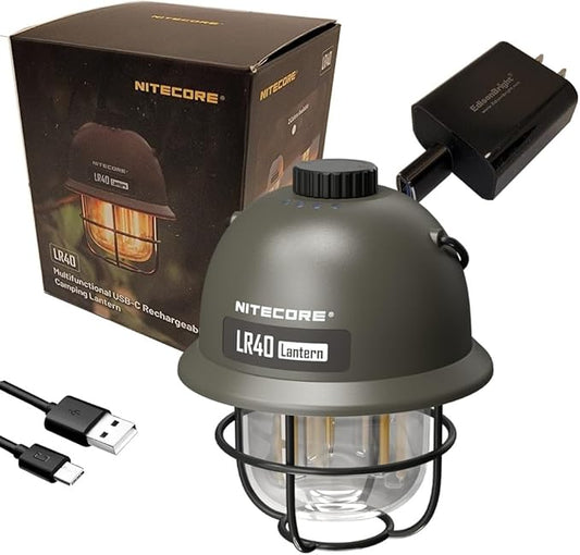 Nitecore LR40 Retro Style Rechargeable Multi Purpose LED Camping Lantern (Green Exterior) with EdisonBright Power Adapter Bundle
