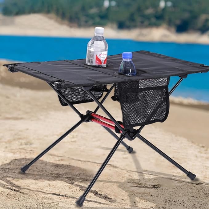 Blueshyhall Camping Table Folding, Small Beach Table Foldable with Drink Holder & Mesh Storage, Compact Camp Tent Side Table for Sand/Picnic/Tailgate/Boat/Travel