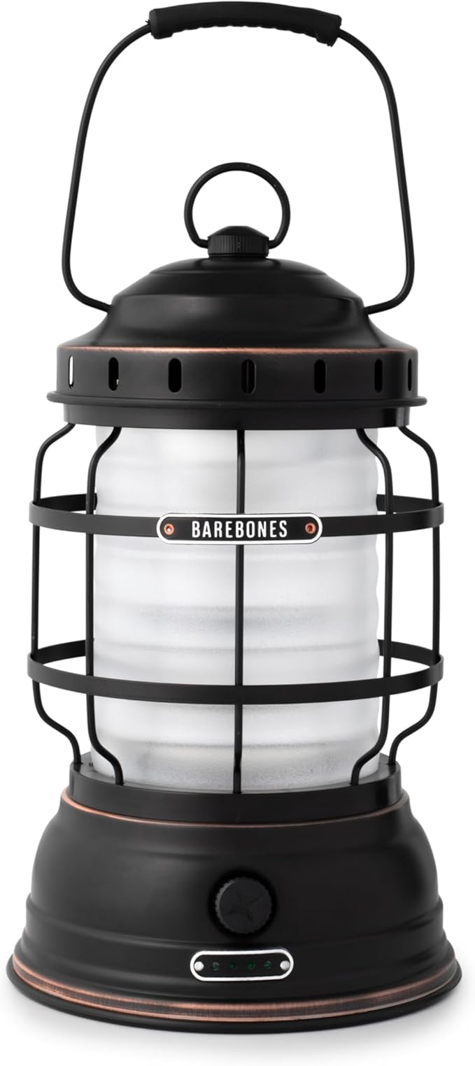 Barebones Forest Lantern – Antique Bronze, Vintage Rechargeable LED Lantern with Adjustable Brightness – Battery Operated Camping Light for Outdoor Adventures, Backyard Gatherings, and Emergency Use