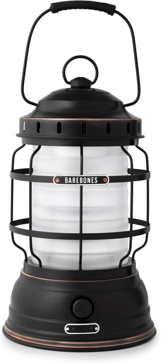 Barebones Forest Lantern – Antique Bronze, Vintage Rechargeable LED Lantern with Adjustable Brightness – Battery Operated Camping Light for Outdoor Adventures, Backyard Gatherings, and Emergency Use