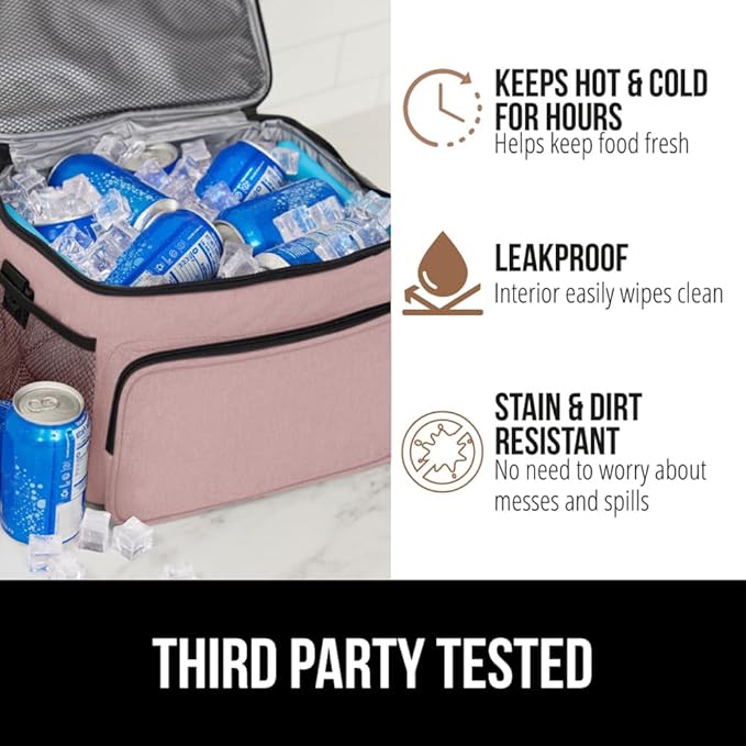 GORILLA GRIP Reusable Insulated Lunch Box Bag for Women Men, Large Leakproof Soft Cooler Bags, Multiple Compartments, Mesh Pockets, Adjustable Strap, Food Tote Keeps Drinks Cold, 8L, 10x9, Pink