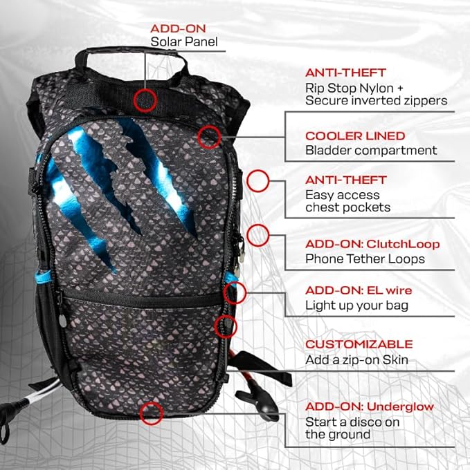 RAVERUNNER® Dino Festival Water Backpack - Dual Chamber Hydration - 3L Insulated Water Backpack for Raves, Festivals, Hiking, Running - Festival Hydration Pack for Hydration Backpack Rave