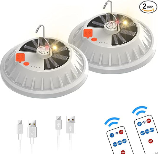 Solar Camping Lantern, BaishenglinMotor LED Solar USB Rechargeable Portable LED Lanterns Flashlights with Remote Control for Indoor Outdoor Home Emergency Power Outage Hurricane Supplies 2-Pack