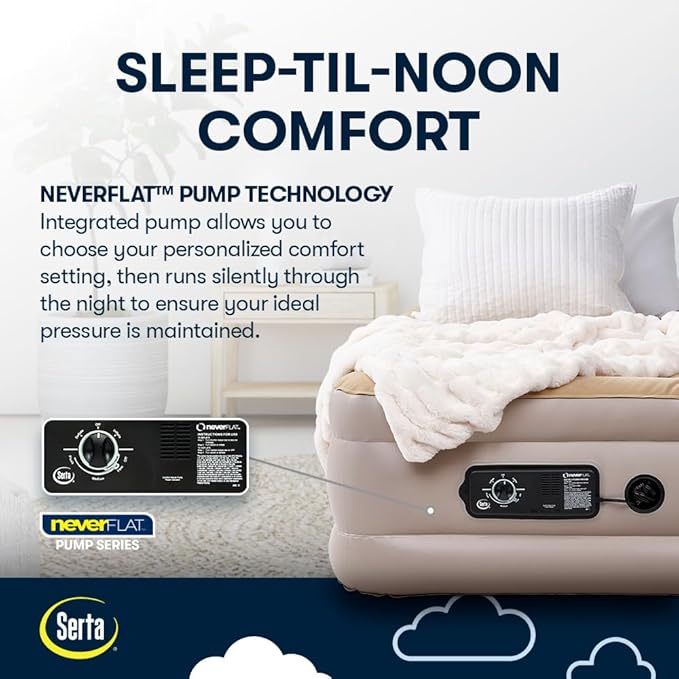 Serta Raised Air Mattress with Never Flat Pump | Luxury Inflatable Mattress with Built in Air Pump to Ensure a Good Night’s Rest | Heavy Duty Blow Up Mattress with Self Inflating Pump