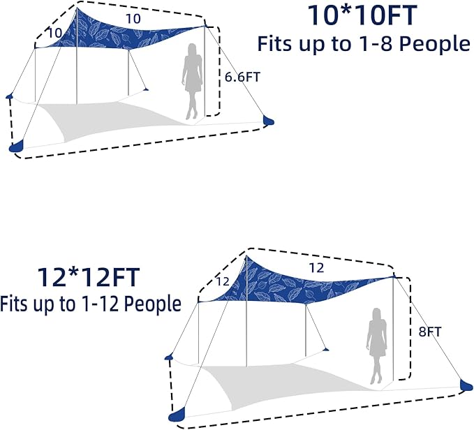UMARDOO Family Beach Tent Canopy Sun Shade Portable, Large Compact Beach Sun Shelter Easy Setup with Packable Bag for Outdoor Travel (Printed Blue, 10X10 FT. 4Poles)