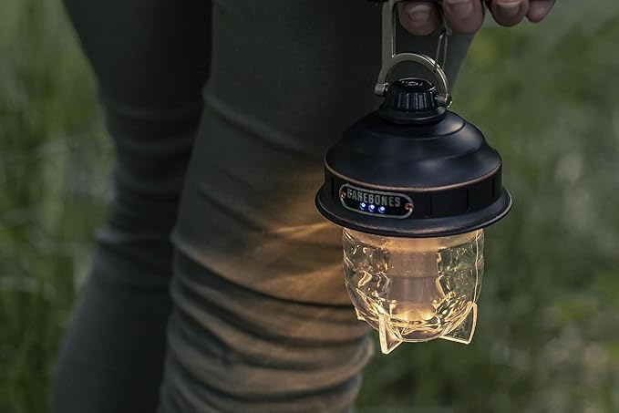 Barebones Beacon Hanging Light – Dusty Yellow, Rechargeable LED Camping Lantern with Adjustable Brightness – Weatherproof Vintage-Style Hanging Lantern for Outdoor Adventures and Year-Round Use