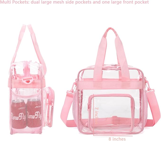 FlowFly Clear Bag for Stadium Events With Shoulder Strap for Women, Men, Large and Reusable Lunch Container, Work and Sporting Events, Travel 12x6x12 Clear Tote Bag, Clear#Pink