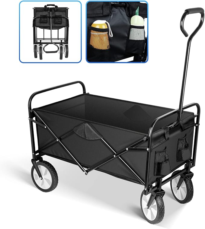 YSSOA Rolling Folding & Rolling Collapsible Garden Cart, Outdoor Camping Wagon Utility with 360 Degree Swivel Wheels & Adjustable Handle, Black 220lbs Weight Capacity