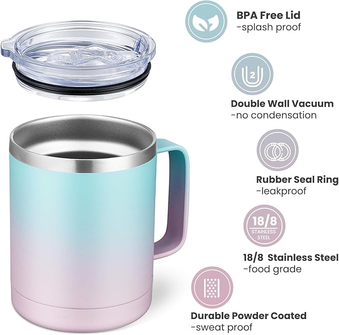 MEWAY 12oz Coffee Mug With Handle and Sliding Lid,Stainless Steel Travel Tumbler Cup with Handle,Double Wall Vacuum Insulated Camping Cup for Hot & Cold Drinks Tea (Bubble Gum,Set of 1)