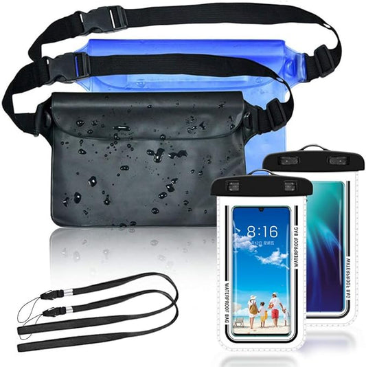 4 Pcs Waterproof Pouch Bags Set, Including 2 Waterproof Waist Pouch with Adjustable Waist Strap, 2 Waterproof Phone Cases for Kayaking, Swimming,Travel