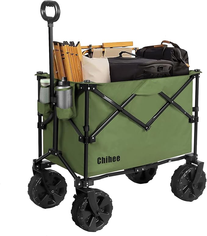 Chihee Folding Beach Wagon Cart, Army-Green, Large Capacity, Removable Fabric, Portable, Lightweight, with Braking System, for All-Terrain Wheels, Ideal for Camping Trips