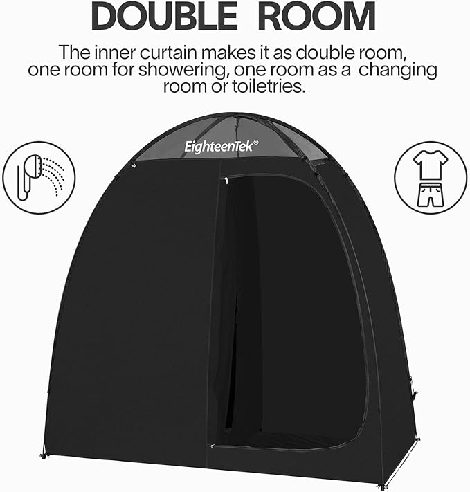 EighteenTek Camping Shower Tent Changing Room with Fixed Floor 2 Rooms Outdoor Pop Up Camping Toilet Portable Privacy Dressing Shelter with Carry Bag 83"x43"x80"