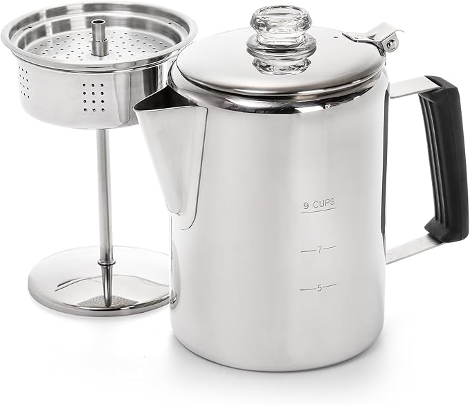 Camping Coffee Pot Stainless Steel, Coffee Pot Outdoors, Durable Stove Top Brew Coffee Maker on Fire, Ideal for Group Camping, Hiking, Backpacking, RV and Travel, 9 Cups