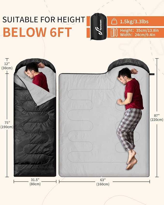 Sportneer Sleeping Bags for Adults, Warm & Cold Weather Sleeping Bag for Adults Kids Boys Girls - Lightweight Compact Camping Gear Equipment, Traveling, Backpacking, Hiking