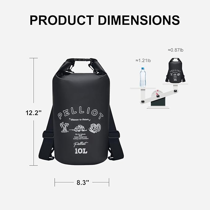 Waterproof Dry Bag 10L Tough & Water-repellent Storage Bag with Adjustable Shoulder Straps Lightweight Portable Backpack Dry Bags for Kayaking Black
