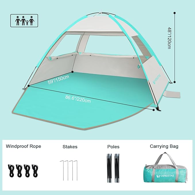 Venustas Beach Tent Sun Shelter for 3-10 Person, UPF 50+ UV Protection Canopy, Lightweight and Easy Setup Cabana, Portable Beach Shade