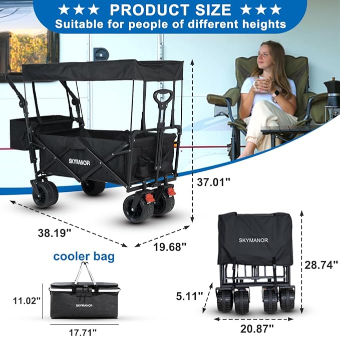 Collapsible Wagon with Removable Canopy, 3-in-1 Heavy Duty Garden Cart with Big All-Terrain Wheels, Brakes, Adjustable Push Pull Handle, Cooler Bag, 300LBS Wagon Cart for Camping (Black)