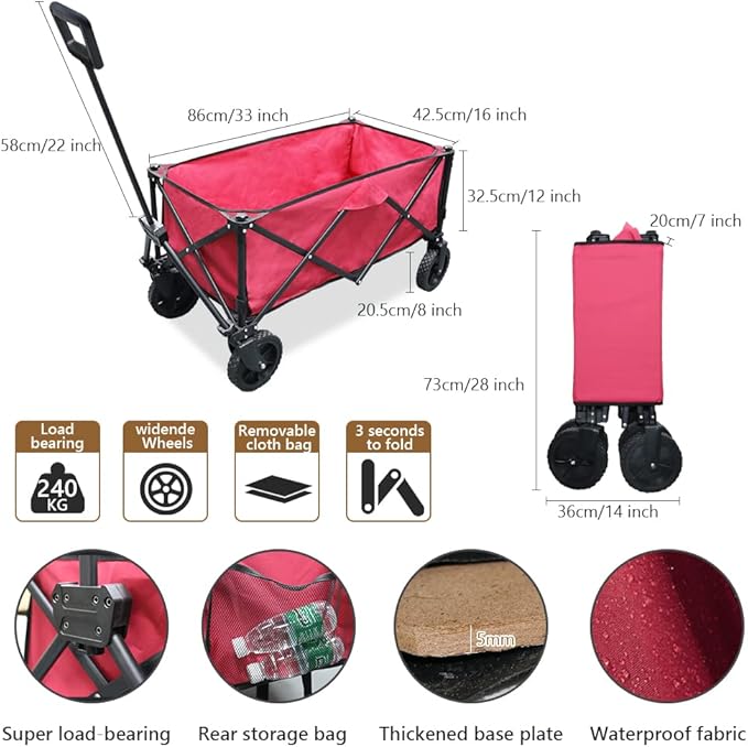 Folding Portable Large Sturdy Picnic Wagon Carts, Utility Grocery Shopping Cart, Garden FarmTransport Cart, 360° Swivel Wheels & Brakers, Red