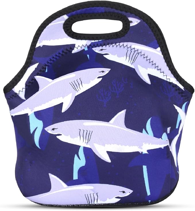 Violet Mist Blue Neoprene Lunch Bag Tote Shark Large Insulated Lunch Containers Waterproof Soft Thermal Lunch Box for Men Women Washable Cartoon Reusable Bento Bag for Adult Picnic Work Travel, Shark1