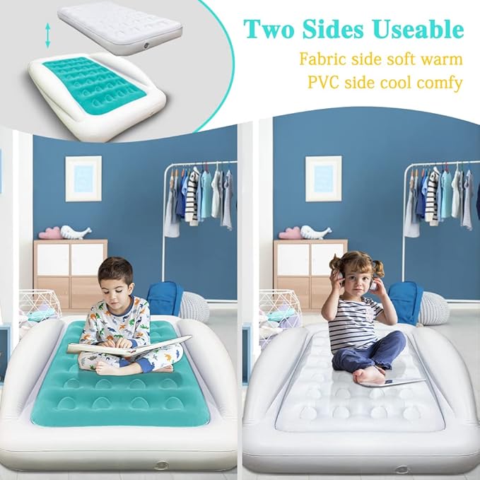 Inflatable Kids Travel Bed Toddler Air Mattress Set,Portable Blow Up Mattress Sleeping Bed Cot with Bed Rails and Electric Pump Ideal for Road Trip
