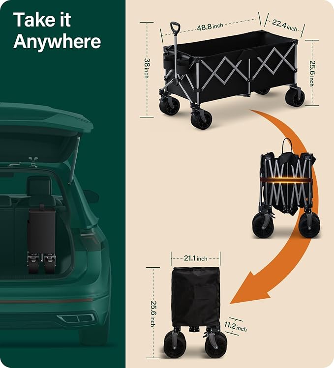 440Lbs Collapsible Wagon Cart,Beach Wagon with Big Wheels,Utility Wagons with Weight Capacity,Heavy Duty with Excellent Steering,Ideal for Camping,Gargen,Transport,Outdoor Sports