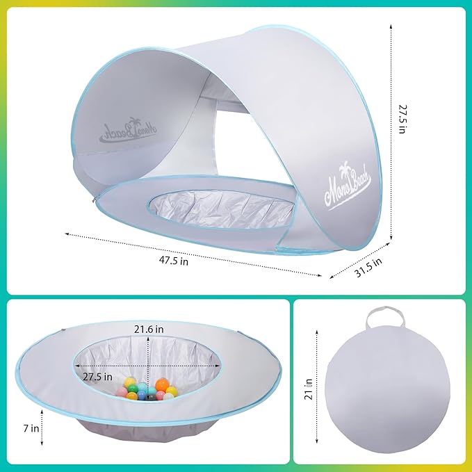 Monobeach Baby Beach Tent Pop Up Portable Shade Pool UPF50+ UV Protection Sun Shelter for Infant with Easy Set Up Canopy (Silver Beach Tent)