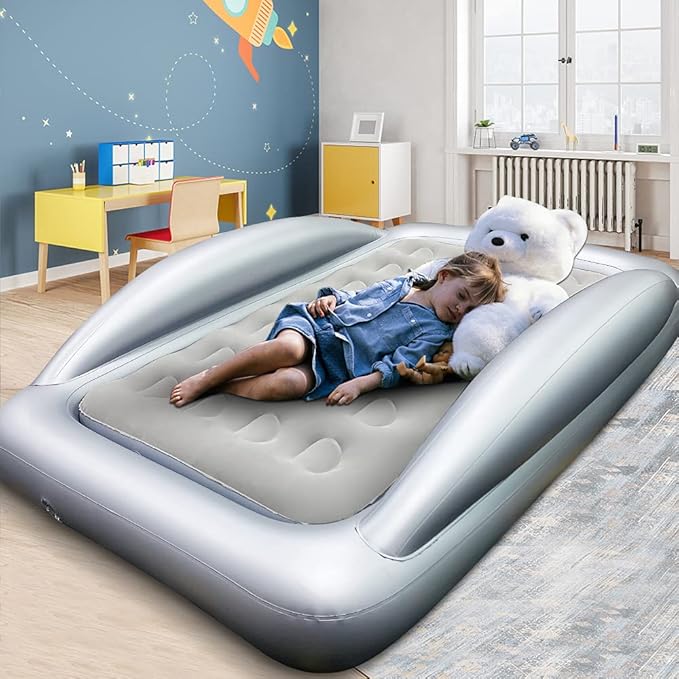 Inflatable Kids Travel Bed Toddler Air Mattress Set,Portable Blow Up Mattress Sleeping Bed Cot with Bed Rails and Electric Pump Ideal for Road Trip