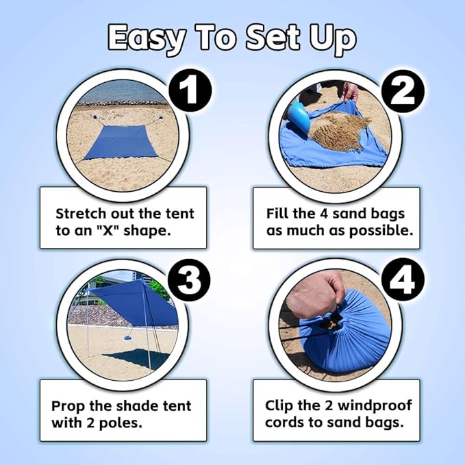 Beach Shade Tent, Portable Easy Pop Up Beach Canopy, UPF50+ Sun Protection Shelter, Windproof & Water Resistant, Perfect for Family