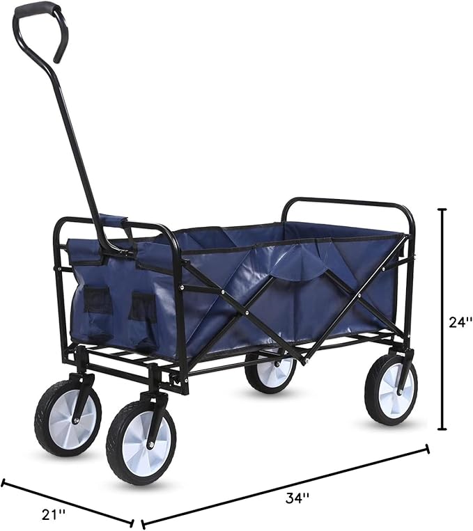 YSSOA Rolling Collapsible Garden Cart Camping Wagon, with 360 Degree Swivel Wheels & Adjustable Handle, 220lbs Weight Capacity,Blue