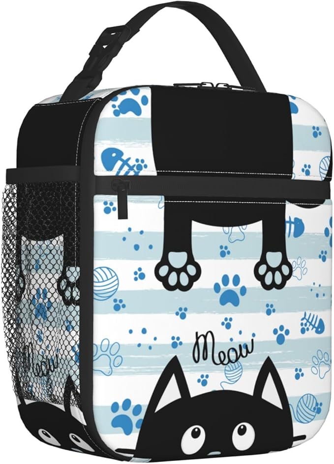 Black Cat Lunch Box for Kids Boys Girls, Blue and White Striped Cat Paws Insulated Lunch Bag for Women Men, Leakproof Durable Lunch Cooler for School Work Picnic