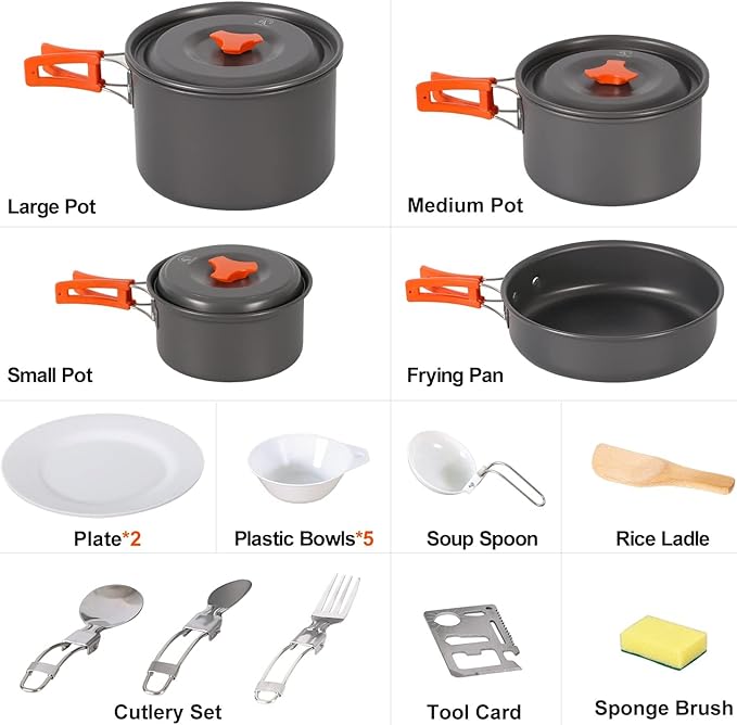 REDCAMP 12/14/15/19 PCS Camping Cookware Mess Kit Camping Gear Campfire Utensils Lightweight Stackable Pot Pan Bowls Soup Spoon with Storage Bag for Camping, Backpacking, Outdoor Cooking, Picnic