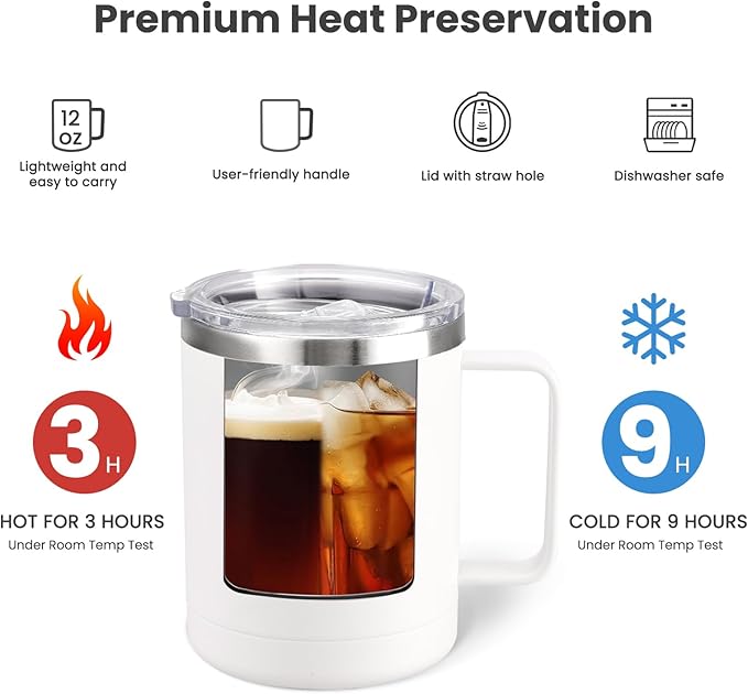 MEWAY 12oz Coffee Mug With Handle and Sliding Lid,Stainless Steel Travel Tumbler Cup with Handle,Double Wall Vacuum Insulated Camping Cup for Hot & Cold Drinks Tea (White, Set of 1