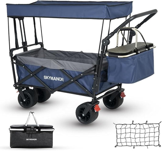 Collapsible Wagon with Removable Canopy, 3-in-1 Heavy Duty Garden Cart with Big All-Terrain Wheels, Brakes, Adjustable Push Pull Handle, Cooler Bag, 300LBS Wagon Cart for Camping (Blue)