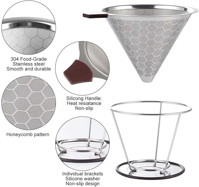 HOMEE Pour Over Coffee Dripper - 304 Stainless Steel Double-layer Coffee Filter fits Hand-grinding Coffee, 1-6 Cups Brew Once a Time Suitable for Families