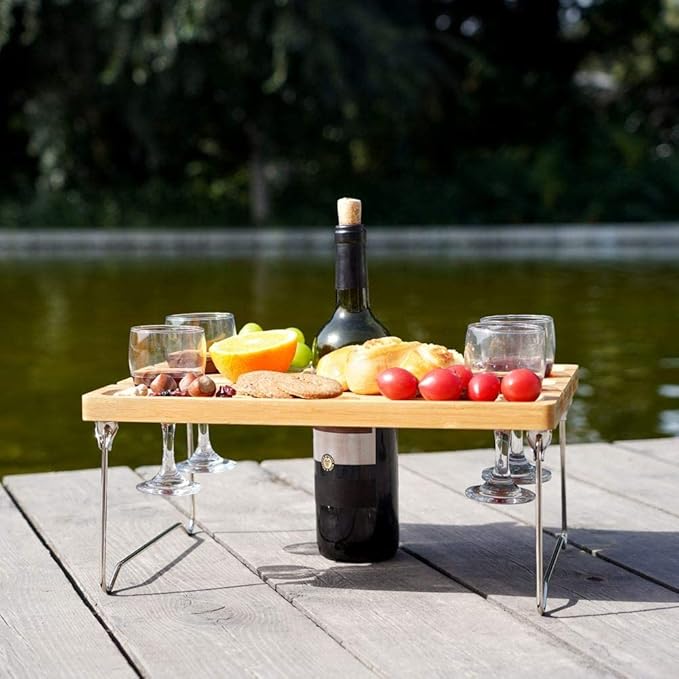 INNO STAGE Portable Picnic Table with Wine Glass and Bottle Holder, Folding Bamboo Snacks Tray Outdoor Living Camping Beach Party Accessories for 1-4 Persons