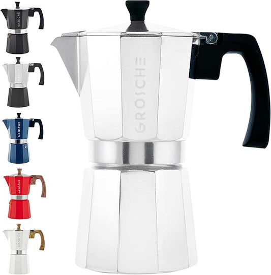 GROSCHE Milano Stovetop Espresso Maker Moka Pot 9 espresso cup, 15.2 oz, Silver Cuban Coffee Maker Stove top coffee maker Moka Italian espresso greca coffee maker brewer percolator