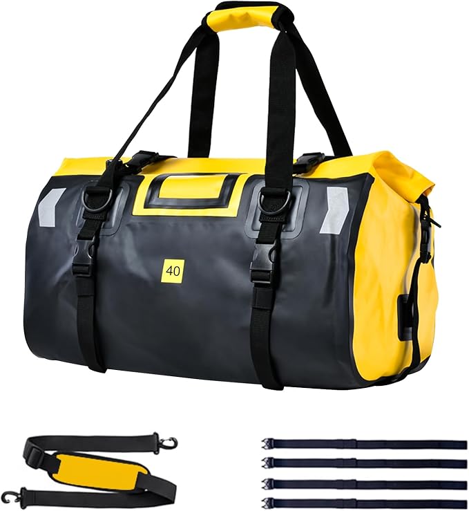 Waterproof Duffel Bag，Roll-Top Heavy Duty Dry Duffle Bag，Motorcycle Dry Bag，with Quick-fixed Straps，with Large Storage Space, Perfect for Traveling, Camping, Kayaking, Fishing & Canoeing (yellow, 40L)