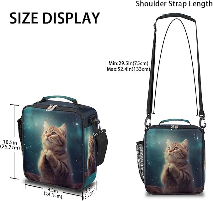 Cat Lunch Box for Kids, Cute Kitten Space Universe Lunch Bag for Boys Girls, Reusable Insulated Waterproof Lunch Box with Adjustable Shoulder Strap Thermal Cooler Tote Bag for School Daycare Picnic