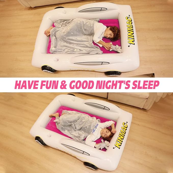 KINMAC Inflatable Toddler Travel Bed- Portable Travel Toddler Air Bed for Kids Camping Air Mattress Racecar Toddler Bed with Sides Blow Up Mattress Sleeping Pad for Camping Car Travel(Rose Red)