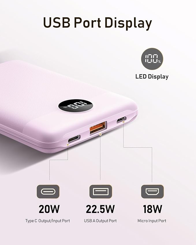 VEEKTOMX Mini Portable Charger Power Bank 10000mAh, 22.5W Fast Charging Powerbank USB C Slim & Lightweight Travel Phone Charger Dual Voltage Small Battery Pack for iPhone/Samsung/Google/Tablet, Purple
