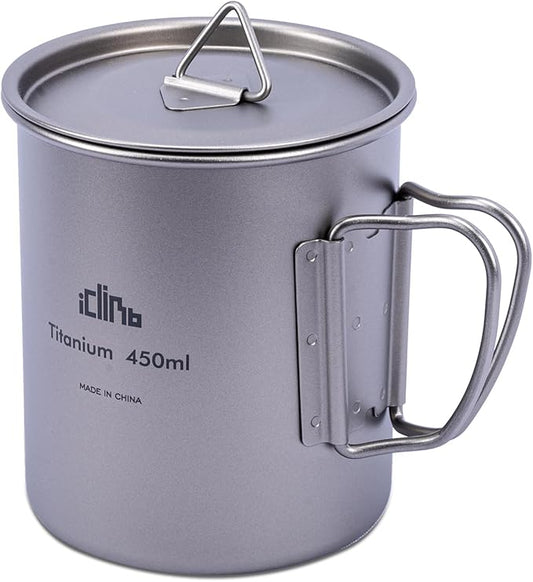 iClimb Titanium Cup Camping Coffee Mug Ultralight Compact with Foldable Handle (450ml)