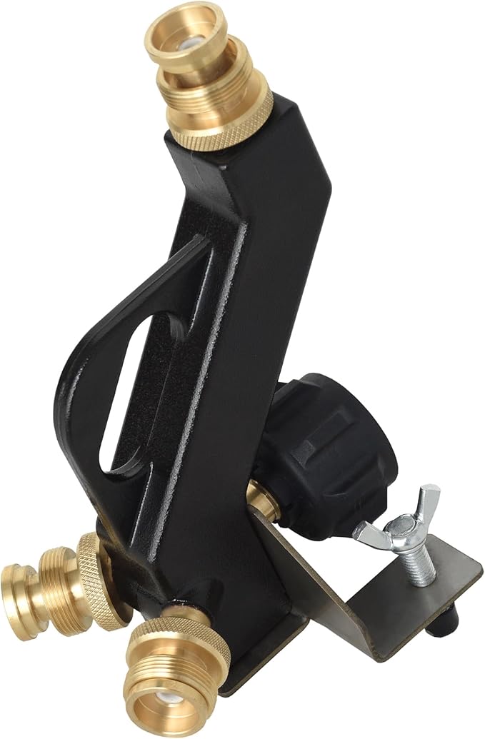 Flame King FK-DTMINI Mini 3-Port Distribution Tree for Camping, Connects 1-lb Appliances to a Standard Propane Tank, Perfect for Lanterns, Stoves, Heaters, and Grills, Black & Gold