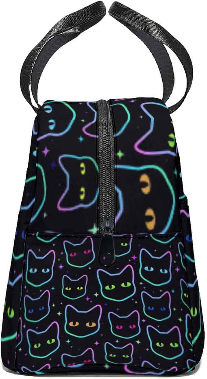 Giwawa Cartoon Black Cats Insulated Lunch Bag for Kids Galaxy Neon Kitten Reusable Lunch Box Colorful Animal Print Thermal Cooler Lunch Tote for Girls Boys School Men Women Office Picnic Camping